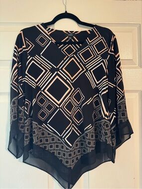 Alfani Black Tunic Top with Cream Geometric Print Med Petite